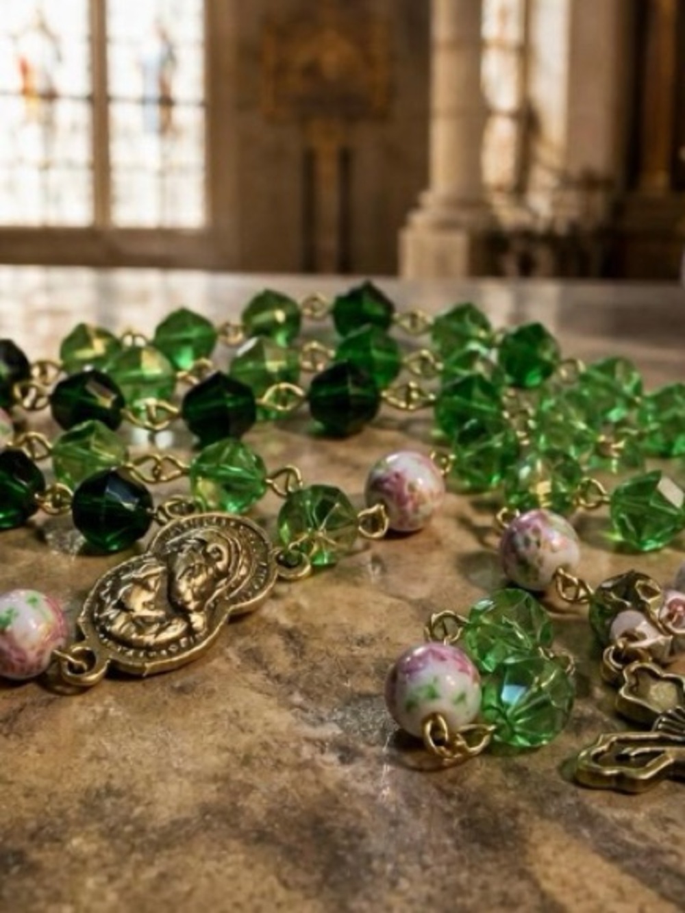 Green Crystal and Floral Bead Rosary Necklace with Gold Medallion